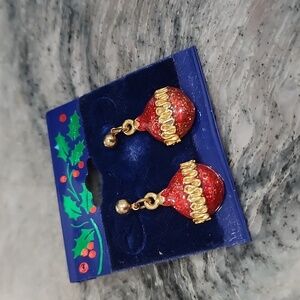 Vintage DALE Christmas Ornament Earrings Red Gold Glitter NOS Holiday Jewelry